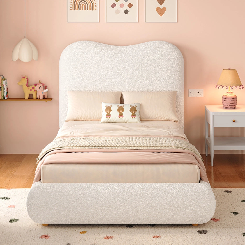 OKWISH Letto Contenitore 90×200 cm, Letto Singolo con Contenitore, Testiera Imbottita e Rete Inclusa, senza Materasso, Bouclé Beige