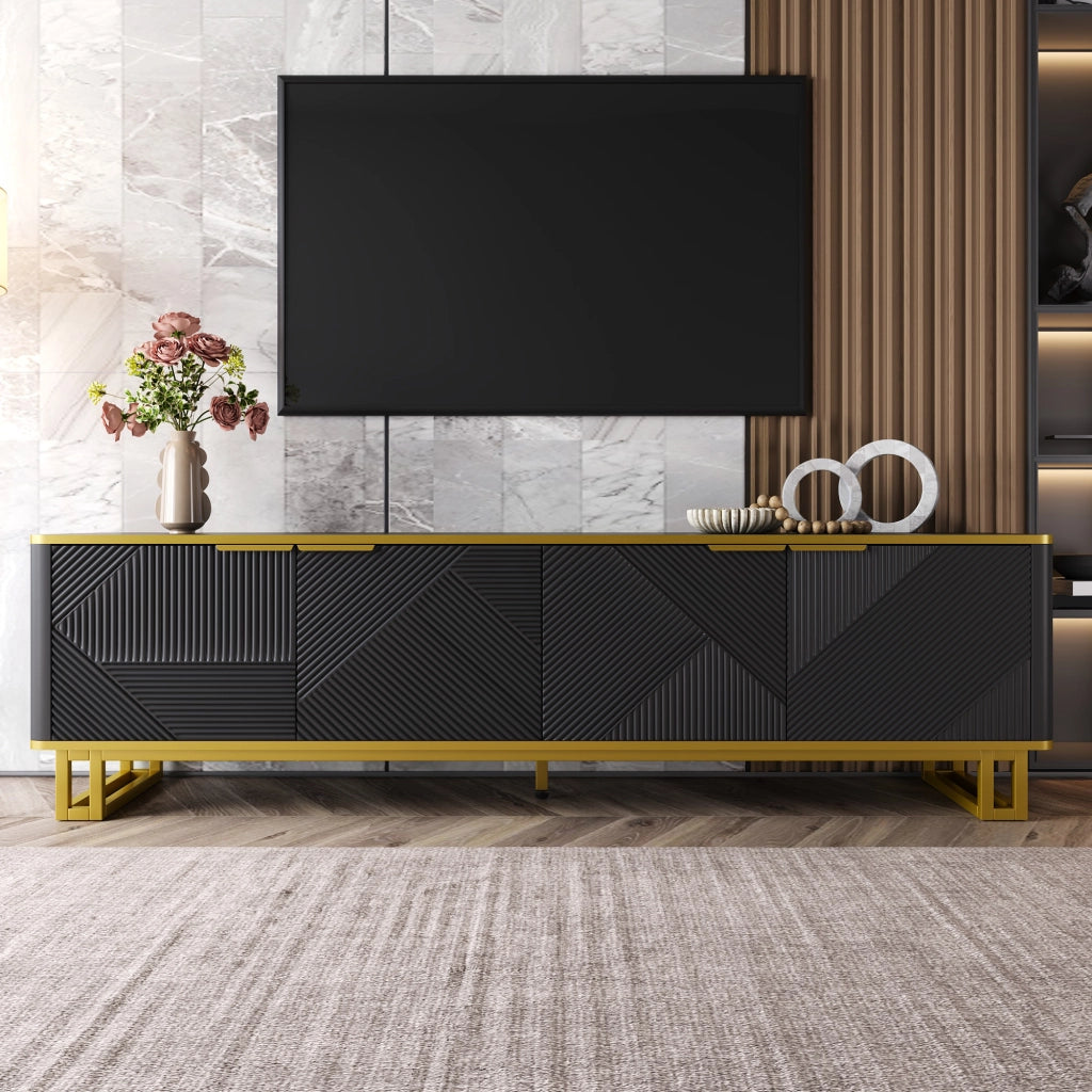 Mobile TV geometrico con quattro ante, struttura in MDF e telaio in ferro, 160 x 37,5 x 48 cm, nero