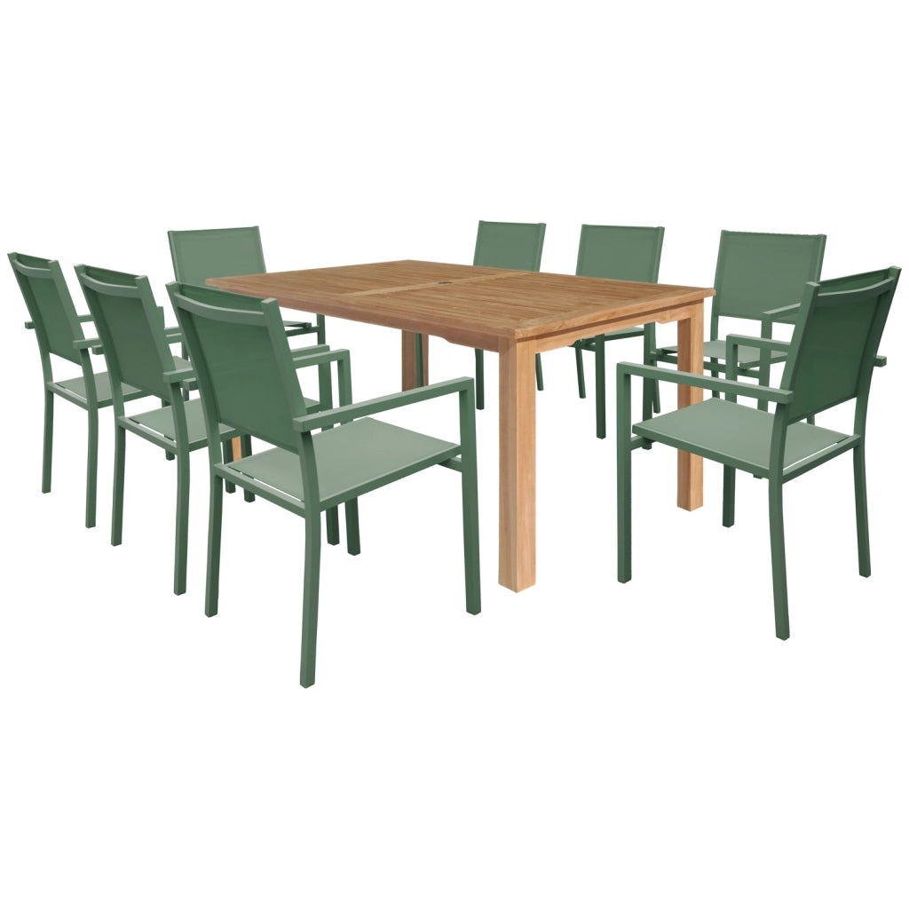 Set di mobili da giardino in teak JAVA con sedie in alluminio verde salvia - 8 posti a sedere