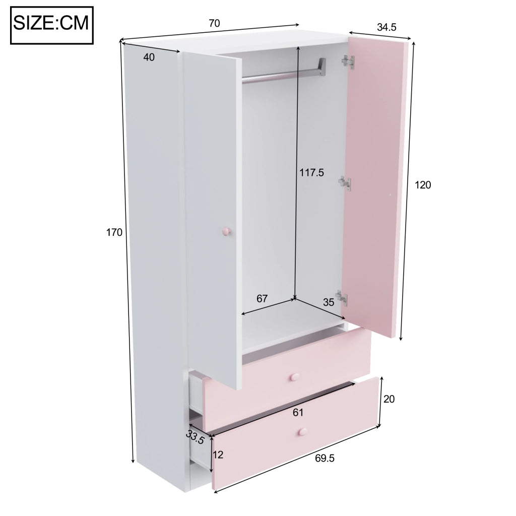 Scaffale con area appendiabiti e due cassetti in legno rosa e bianco per camera da letto e cabina armadio 70 × 40 × 170 cm