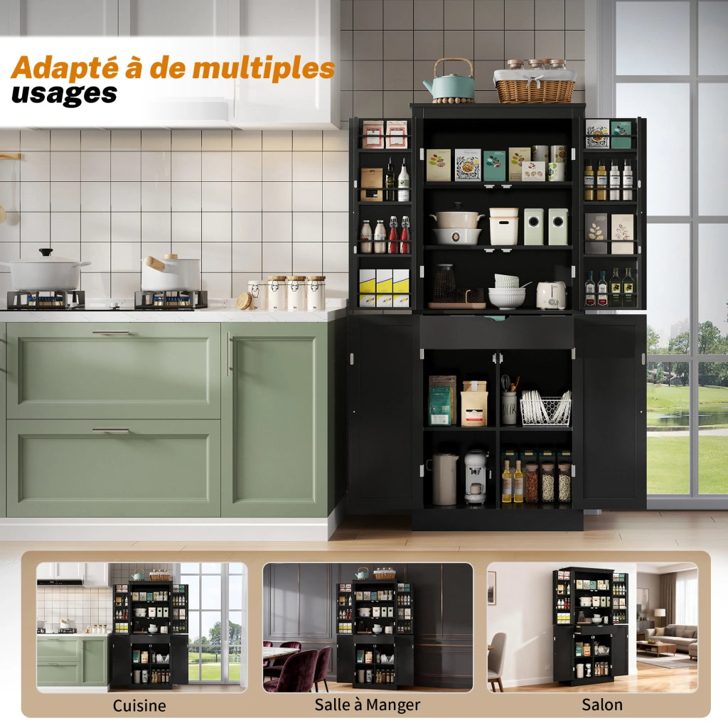 Credenza alta con 2 ante, ripiani e cassetto interno, per cucina e soggiorno, in MDF, nera, 75 × 40 × 182 cm