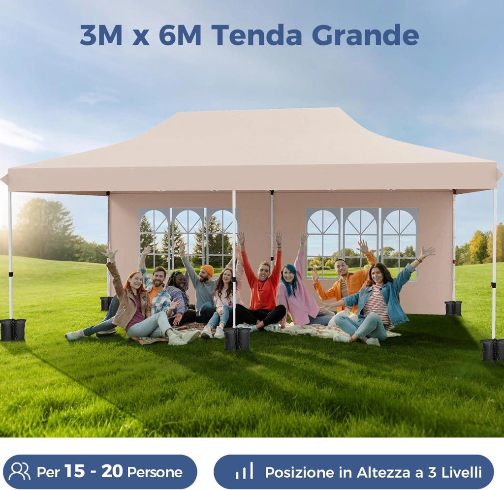 Gazebo da Giardino 3 x 6 m, Tendone per Feste con 6 Pannelli Laterali Rimovibili, con Borsa da Trasporto, Design Pop-up, per Matrimonio Eventi e Barbecue (Beige)