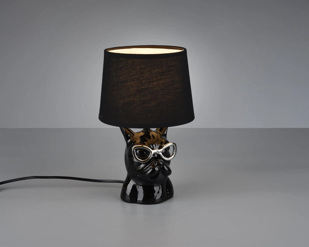 DOSY LAMPADA TAVOLO CERAMICA NERA BULLDOG CON OCCHIALI H. 29CM 1 LUCE ATTACCO E14