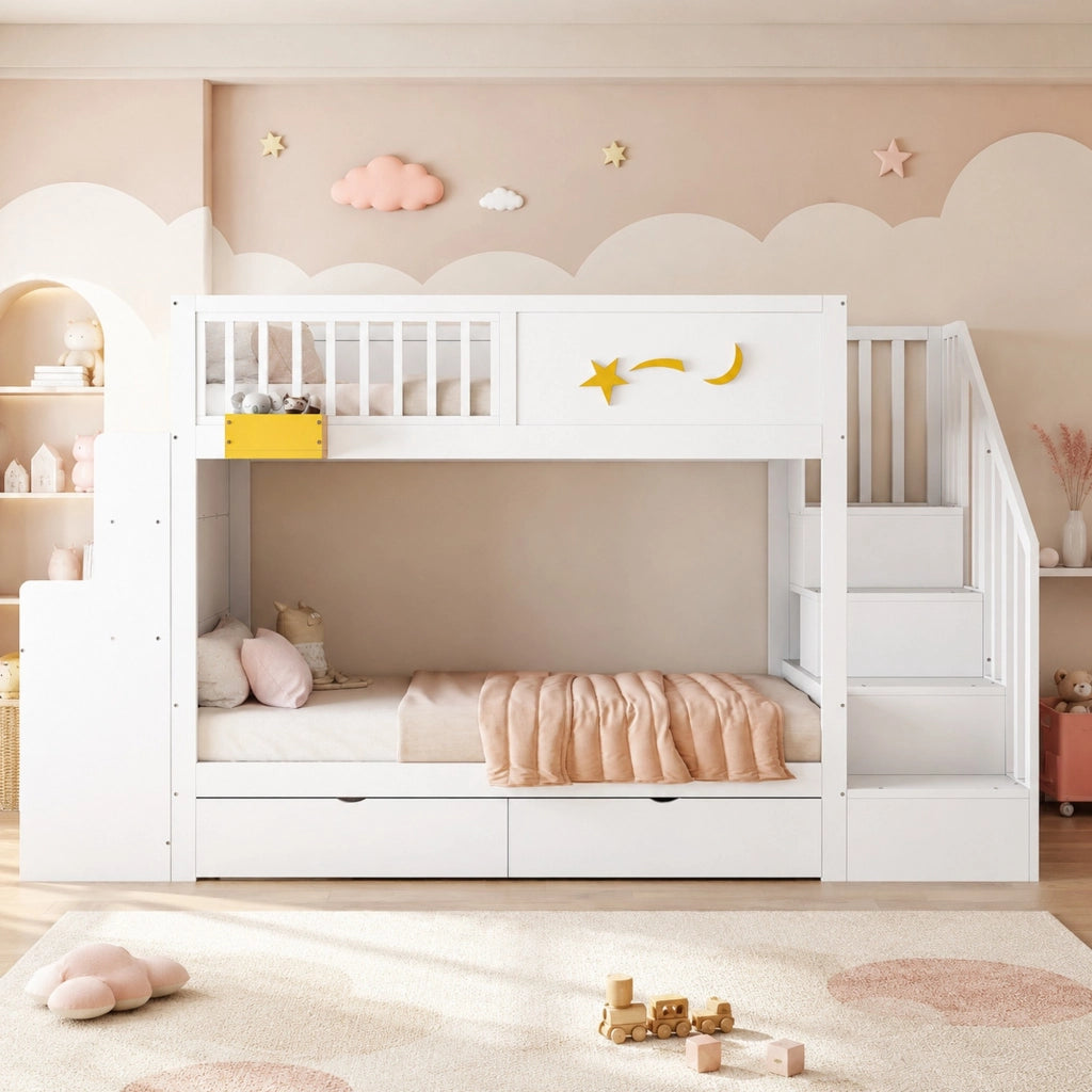 Letto a castello 90x200 cm con scrivania; scala e cassetti in legno bianco