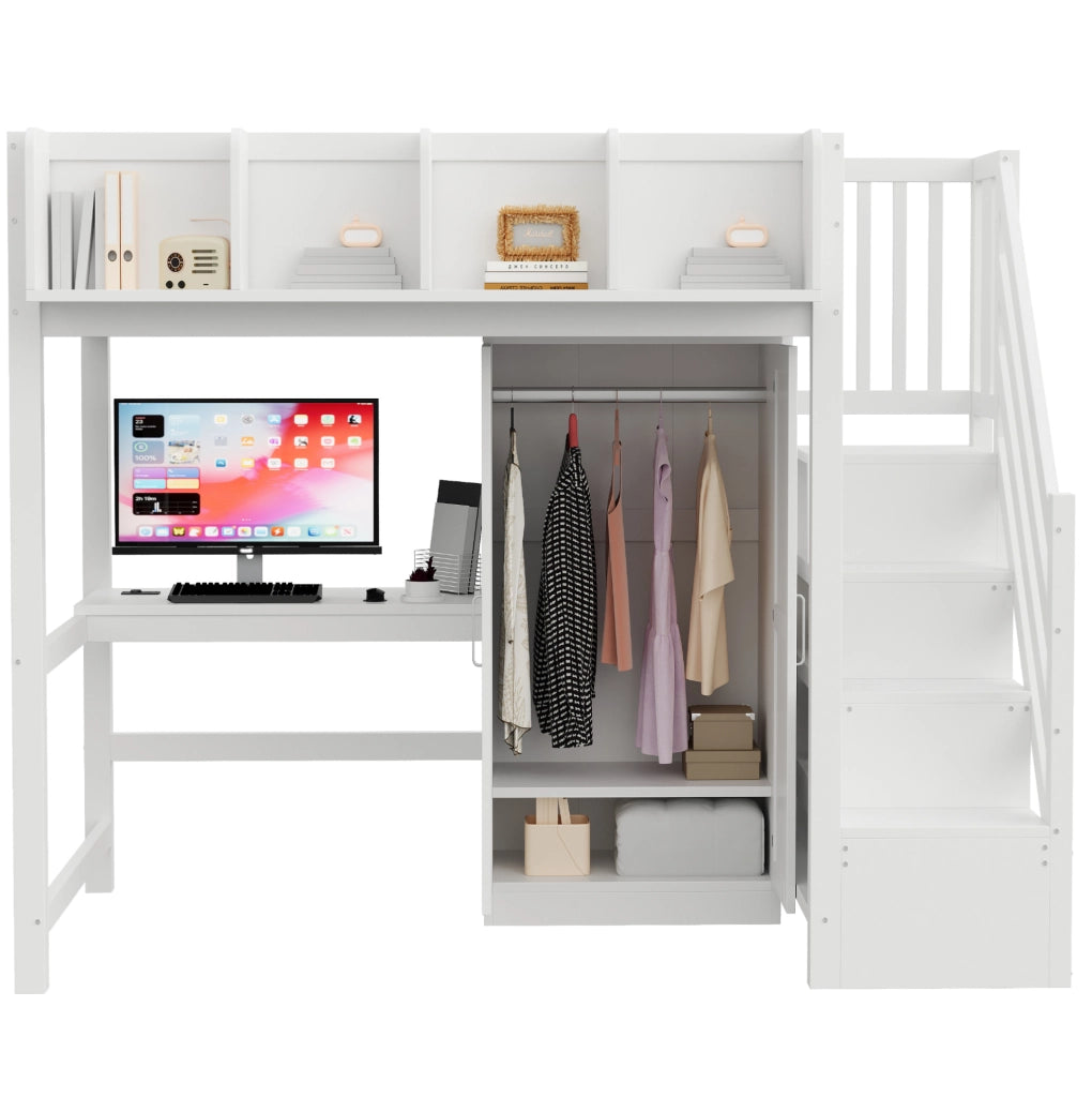 Letto a soppalco 90x200 cm in legno bianco con scrivania; armadio; scala portaoggetti e LED