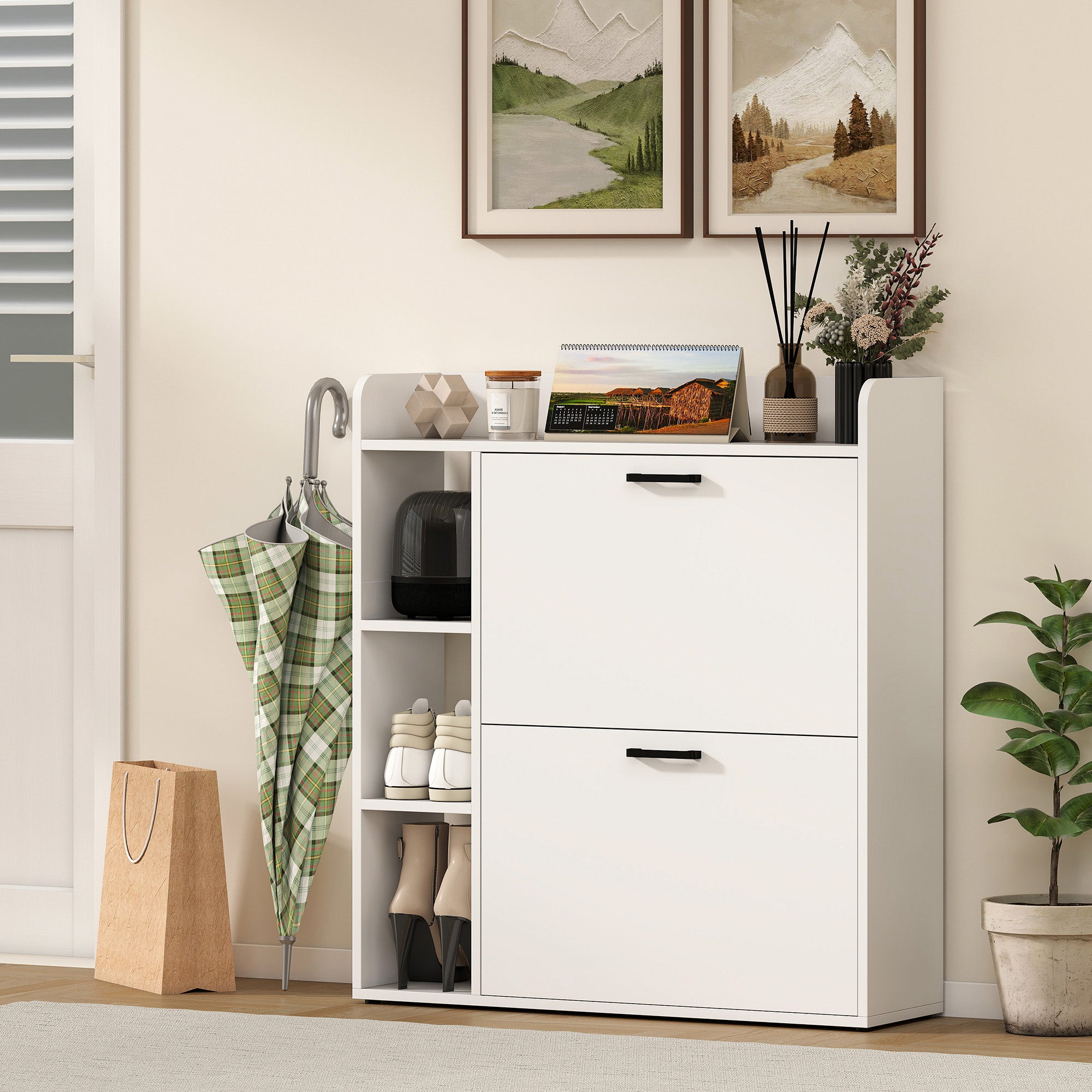 Scarpiera Slim 83x24x90.5 cm per 15 Scarpe con 2 Cassetti Ribaltabili e 3 Vani Aperti Bianco