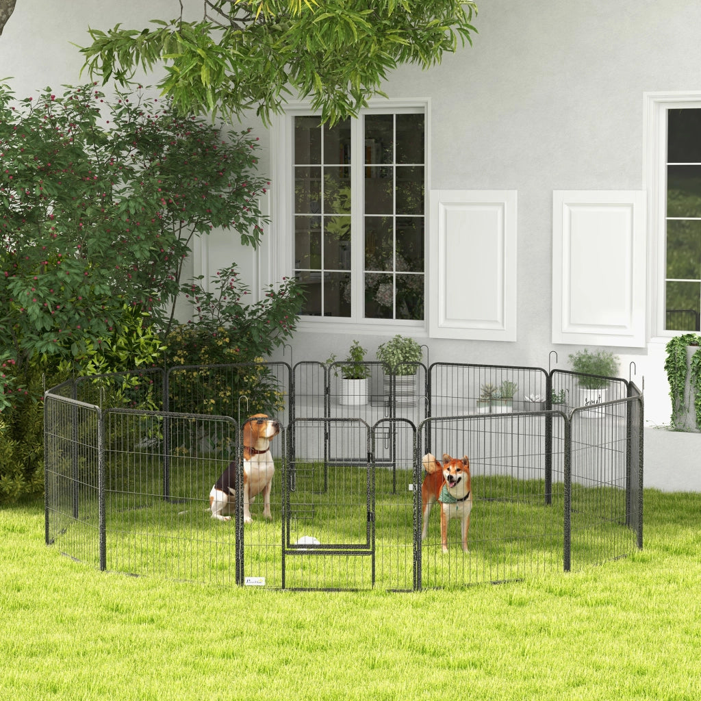 Area giochi configurabile per cani con 12 pannelli e 2 porte pieghevole per interni ed esterni in acciaio grigio