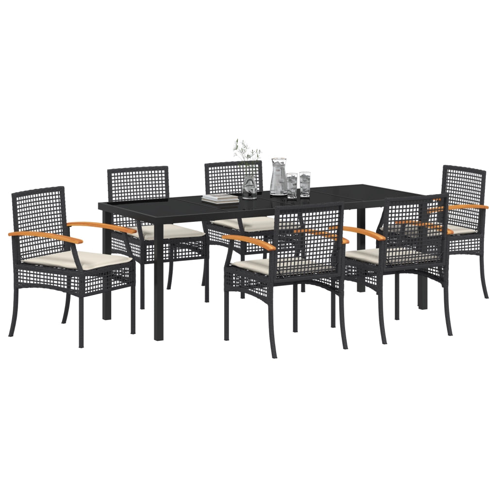 Set di 7 Sedie da Pranzo da Giardino con Cuscini in Polyrattan Nero