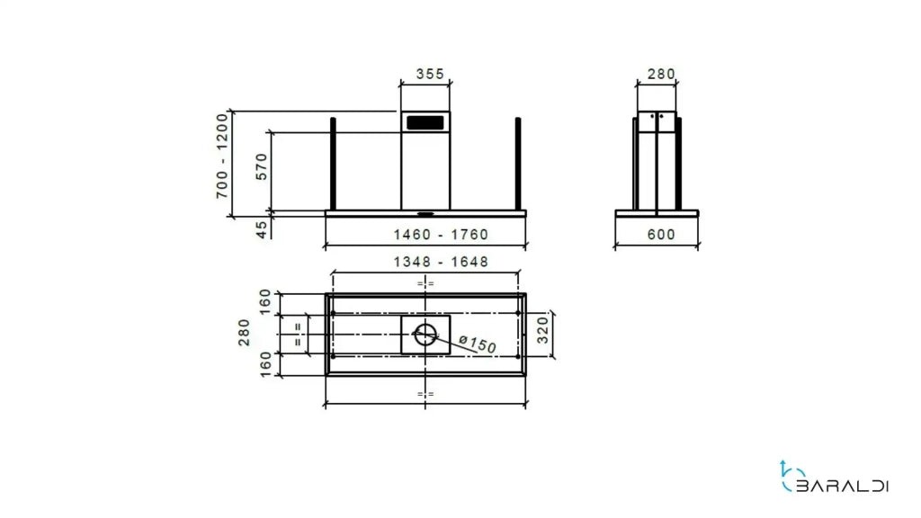 CAPPA ELEA CENTRALE cm176x60 camino centrale - Nera - 900 m3/h