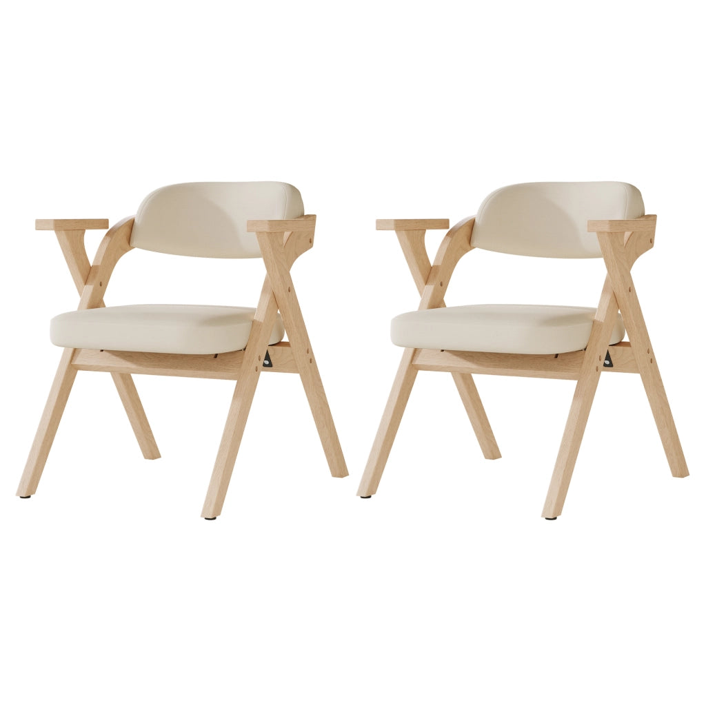 Set di 2 sedie da pranzo pieghevoli in legno massello con cuscino in lino beige
