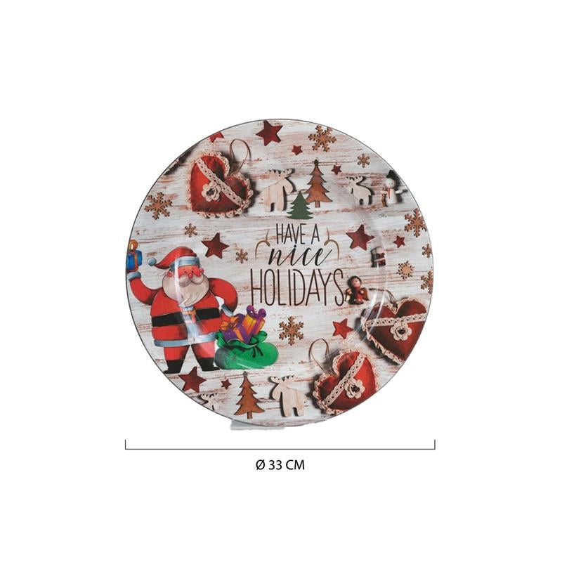 MAURY'S PIATTO DI NATALE TONDO IN PLASTICA CON DECORAZIONI NATALIZIE STILE SHABBY   Ø 33 CM
