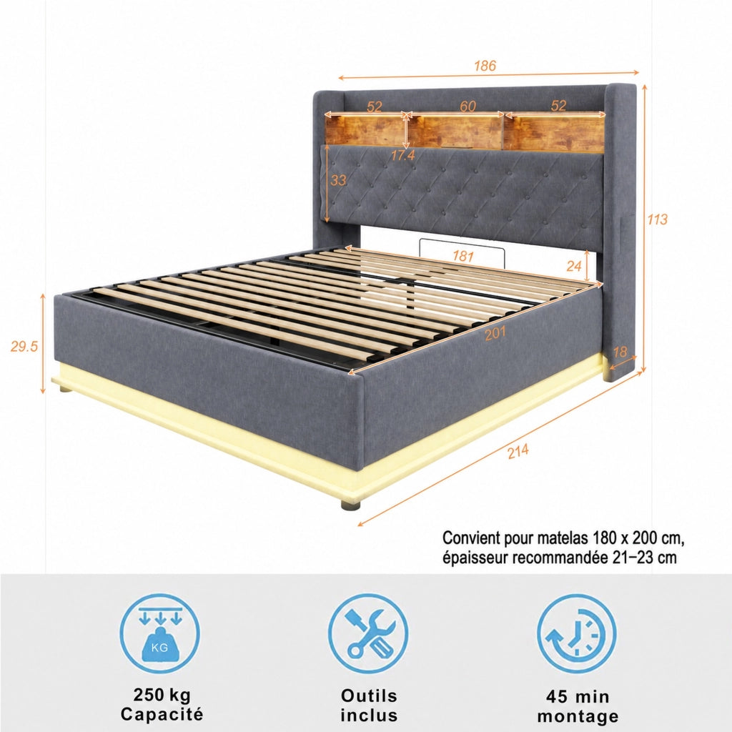 DESMIU Letto contenitore 180 × 200 cm 2 posti con LED, USB e contenitore idraulico, senza materasso, grigio