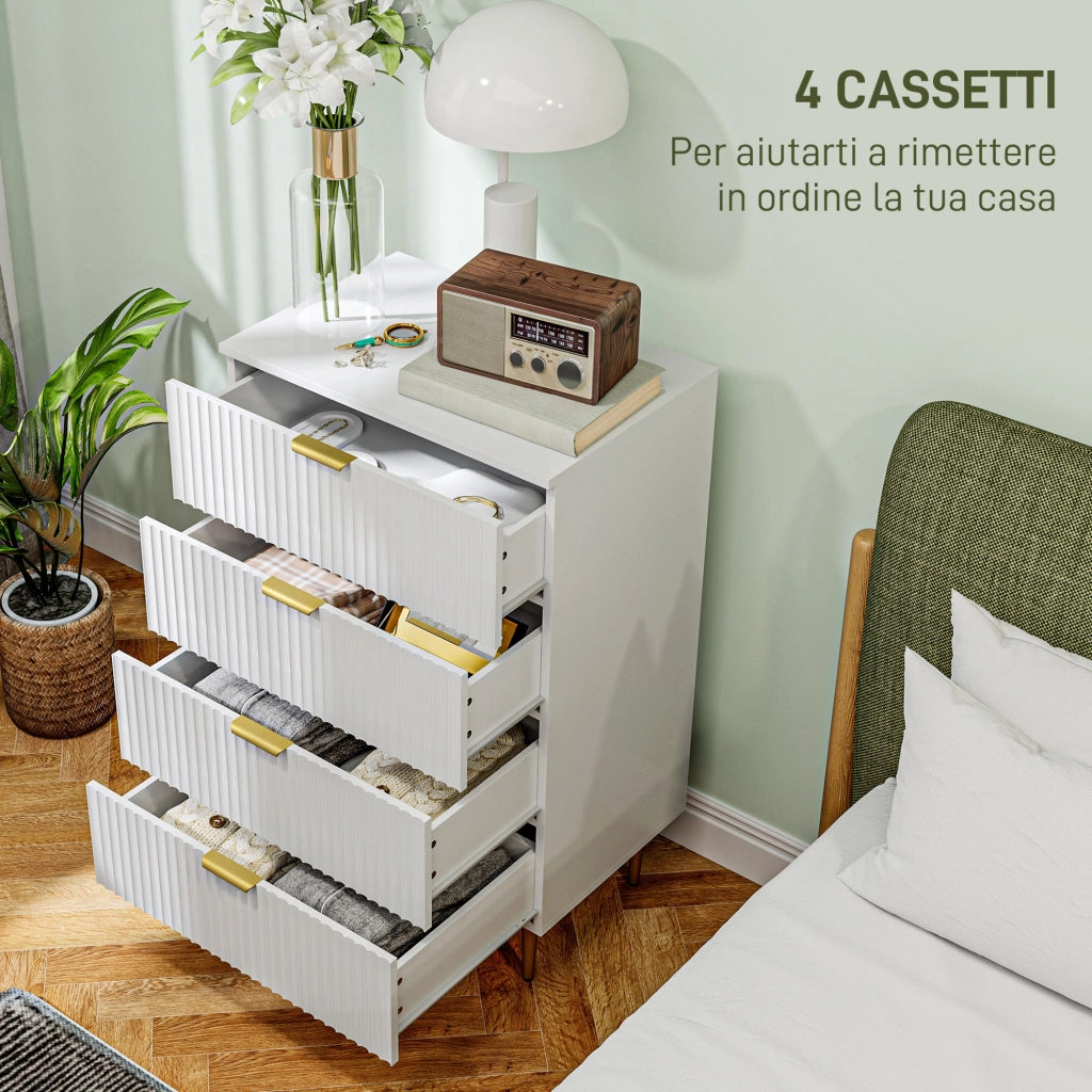 Cassettiera 4 Cassetti Moderna con Maniglie Dorate 60x40x96 cm Bianco