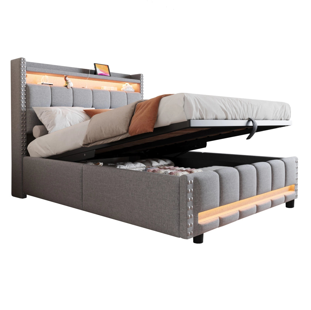 Letto imbottito 140x200 cm grigio chiaro, struttura in legno e metallo con LED e USB