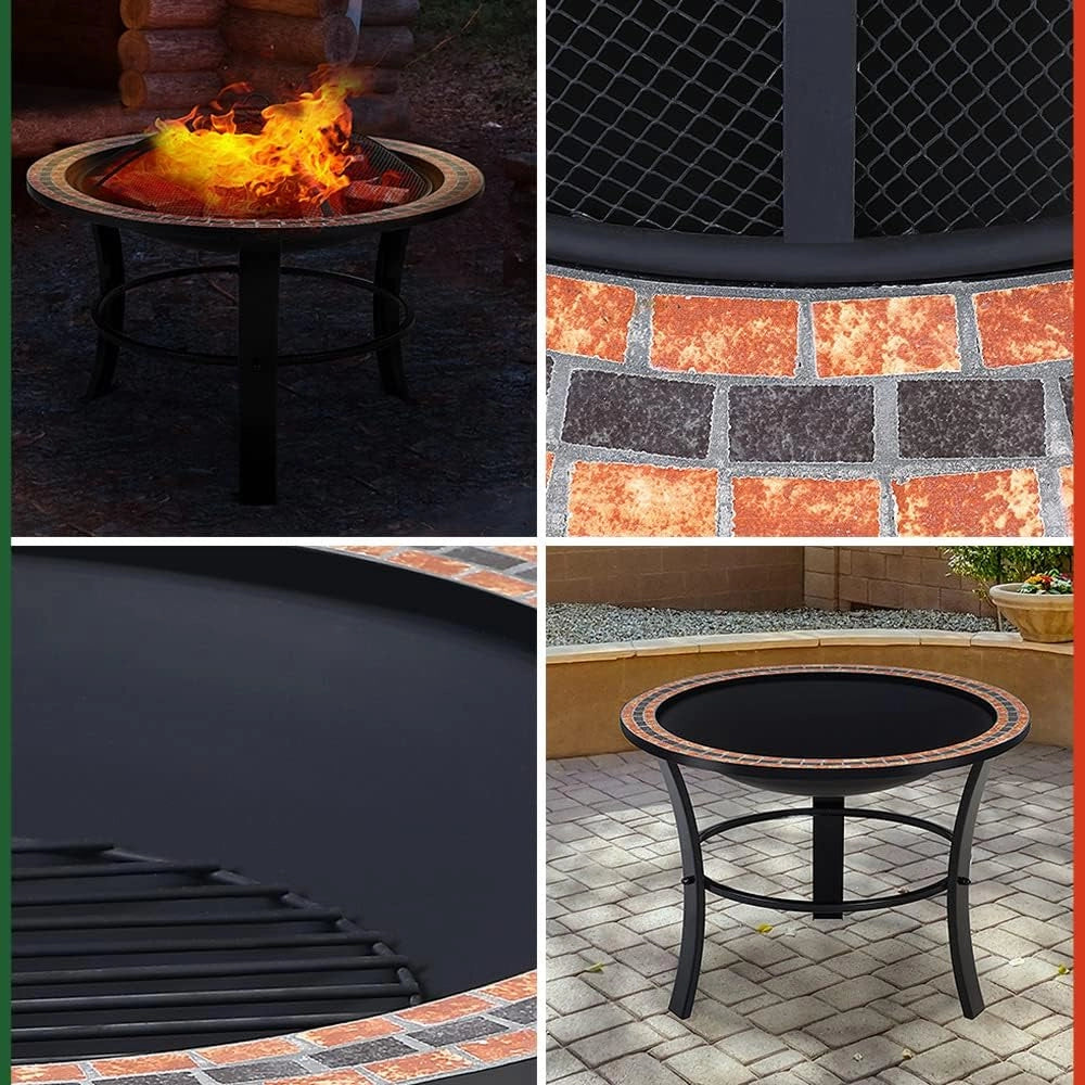 ® Braciere Rotondo Fuoco da Esterno Mosaico 76x76cm Parascintille Camino da Giardino Stufa Caminetto Patio