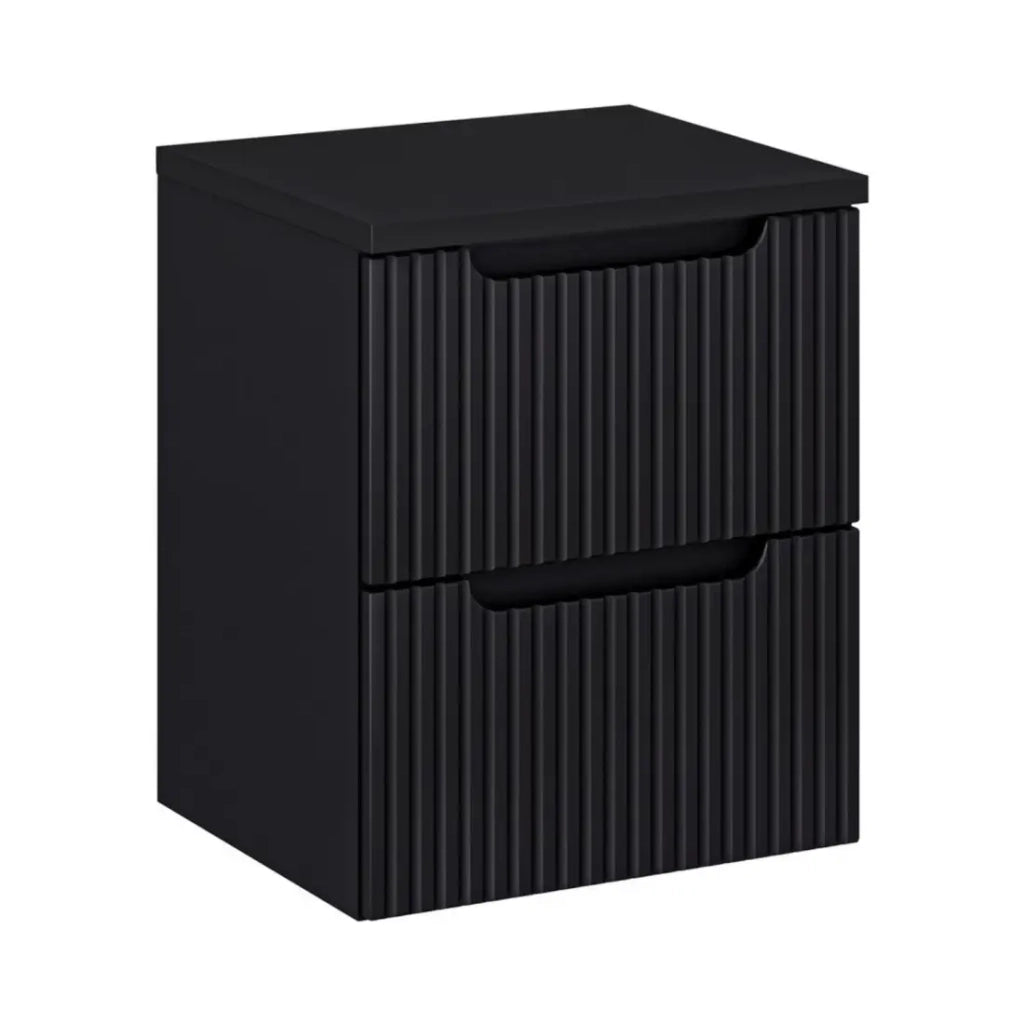 Set da bagno sospeso VANO 50cm: mobile sottolavabo con cassetti scanalati nero + piano per lavabo in nero opaco