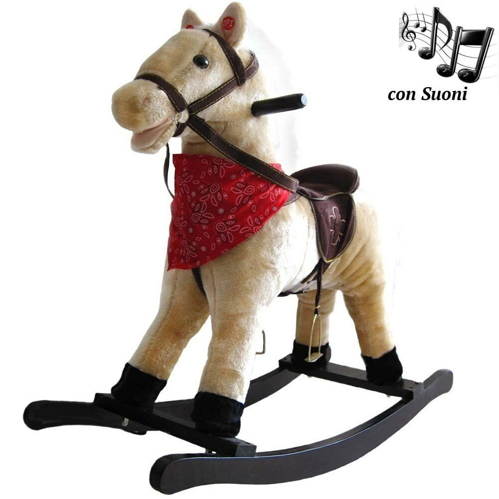 Cavallo a Dondolo Beige Con Suoni Realistici Legno e Peluche Bambini Infanzia