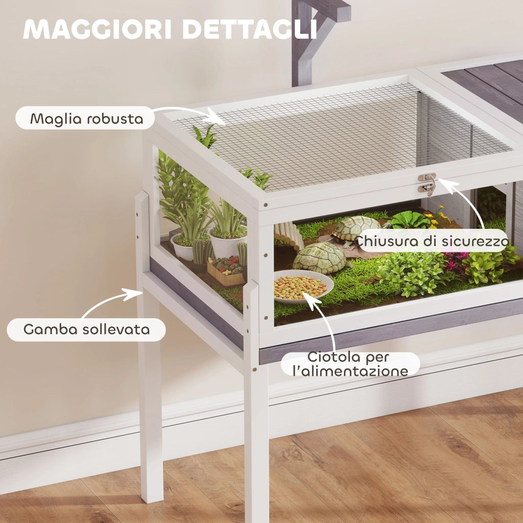 Casetta Tartarughe Rialzata 104x53x82 cm con Divisorio Vassoio Estraibile in Legno e PS Grigio e Bianco