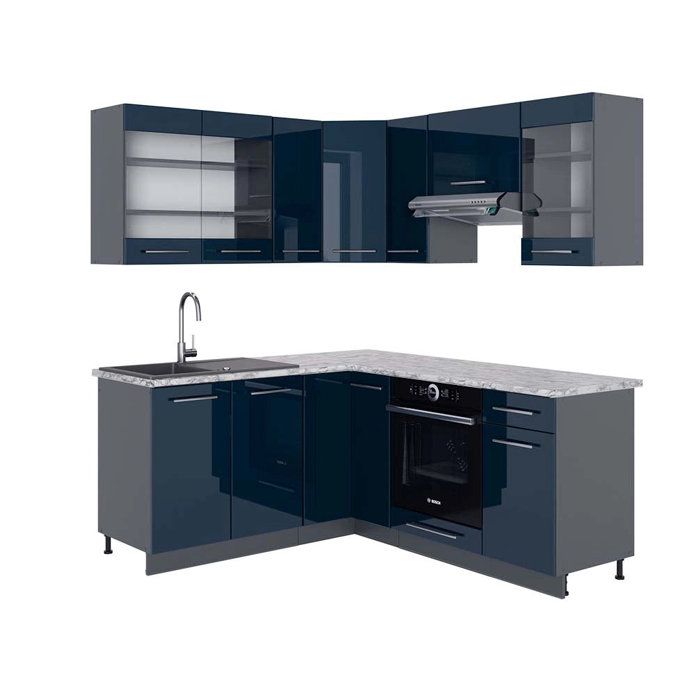 Cucina ad angolo Fame-Line Blu scuro lucido/Antracite 190 x 60 cm, PL Marmo Vicco