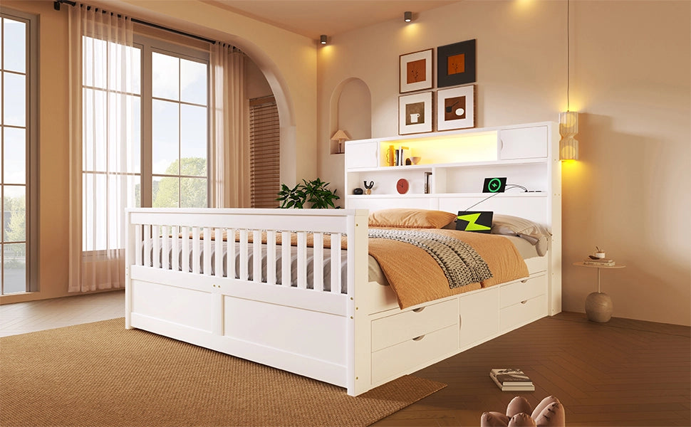 Letto contenitore 160 × 200 cm con 4 cassetti, scaffali e LED, senza materasso, in MDF e compensato, bianco