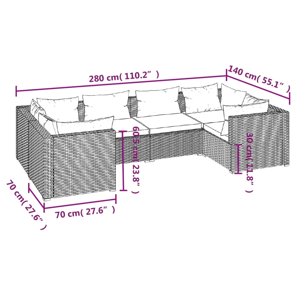 Set Divani da Giardino 6 pz con Cuscini in Polyrattan Nero cod mxl 39988