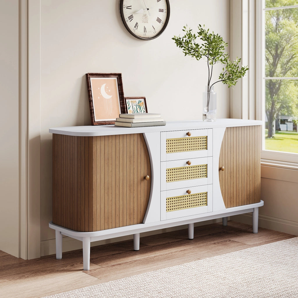 Credenza con cassetti in rattan e ripiani regolabili bordi arrotondati bianco e legno 140,5 × 40 × 76 cm