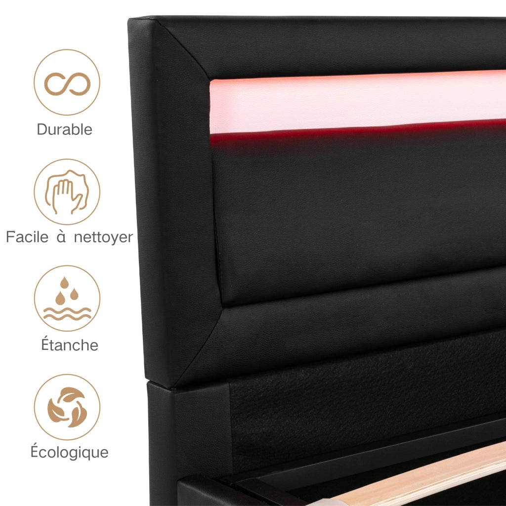 OKWISH Letto Contenitore 140×190 cm, Letto Matrimoniale con Contenitore, LED e Testiera, senza Materasso, in PU, Nero