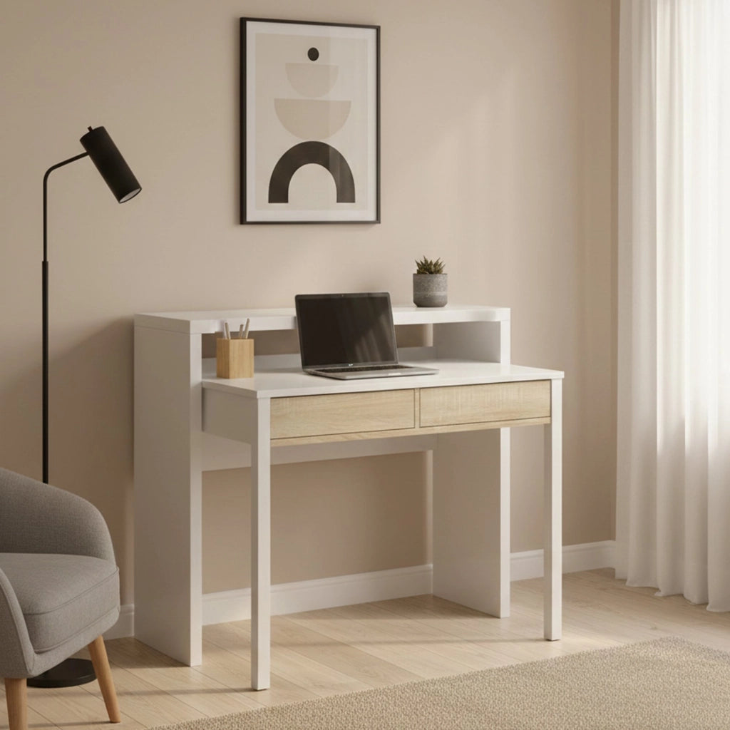 Consolle Andriy, Scrivania con piano estensibile, Scrittoio porta PC con 2 cassetti, cm 99x36h88, Bianco e Rovere