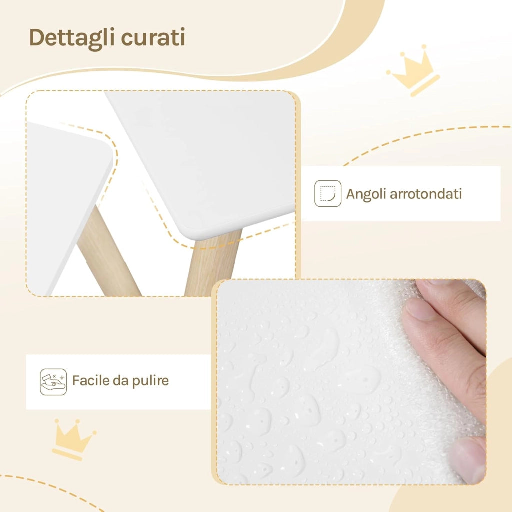 Set Tavolino Bambini e 2 Sedie con Schienale a Forma di Corona, Scrivania Cameretta per Asilo, in MDF + Legno, Bianco + Rovere Chiaro