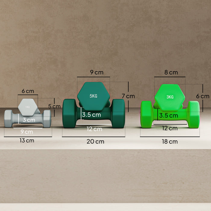 Kit Pesi Esagonali da 18 kg Totali con Supporto Incluso in Acciaio Metallo e Plastica Verde e Nero