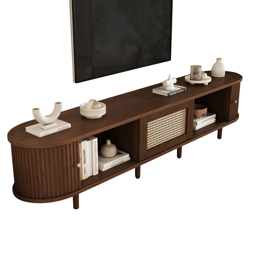 Mobile TV ovale in MDF con finitura noce scuro e dettaglio effetto rattan, 180 cm, 30 kg