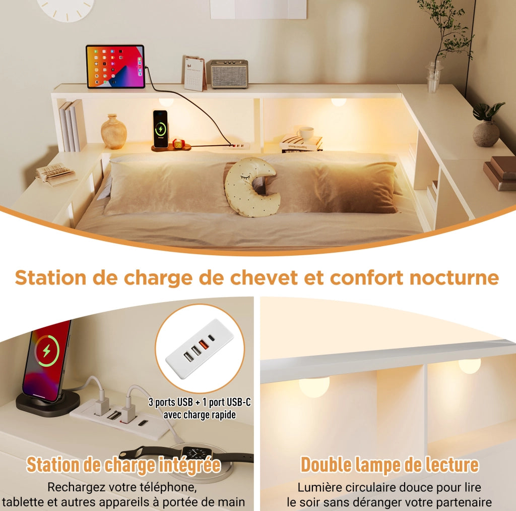 Letto matrimoniale 140x190 cm con cassetti; USB e luci integrate; in truciolare; MDF e compensato; bianco