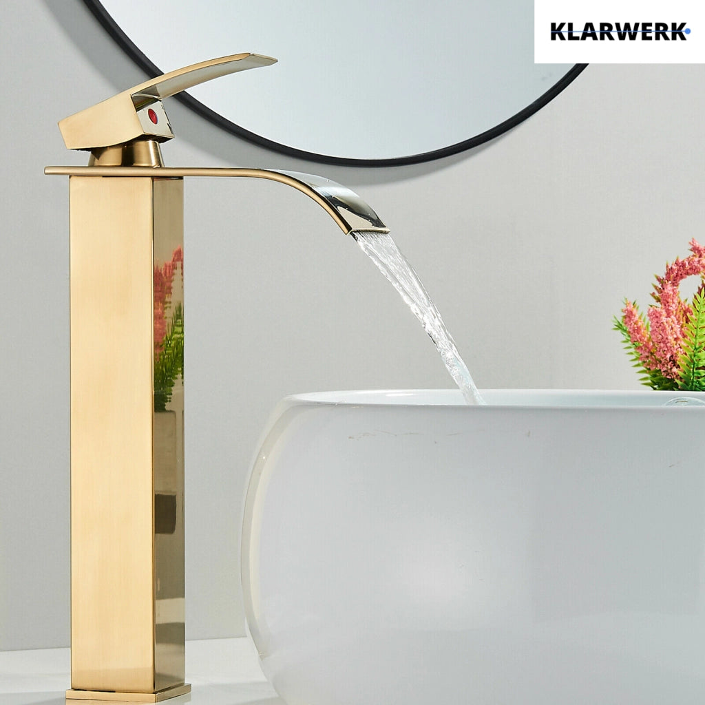 ROSA | Rubinetto da bagno premium a cascata alta oro | Miscelatore Hotel Gastro Premium per lavabo freestanding - in acciaio inox con bocca alta