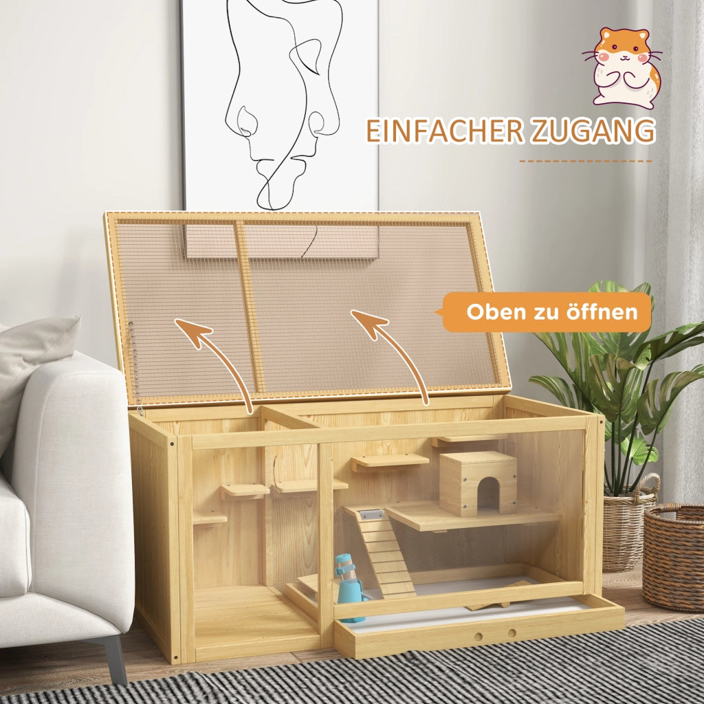 Tiragraffi per gatti in legno con due ambienti e piattaforme multiple per criceti e gerbilli legno naturale