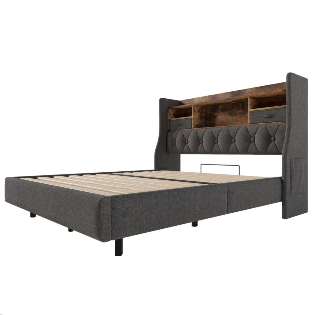 Letto 140x200 cm con LED; porta USB C e testiera contenitore; lino grigio