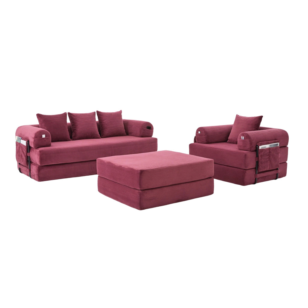 Divano modulare 3 posti - con tasca laterale e cuscini - in corduroy bordeaux