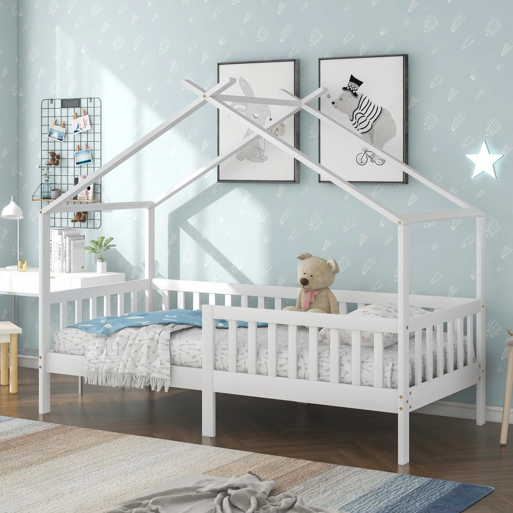 Letto Casetta 200 x 90 cm con Sponda e Rete a Doghe; in Legno Massello; Bianco