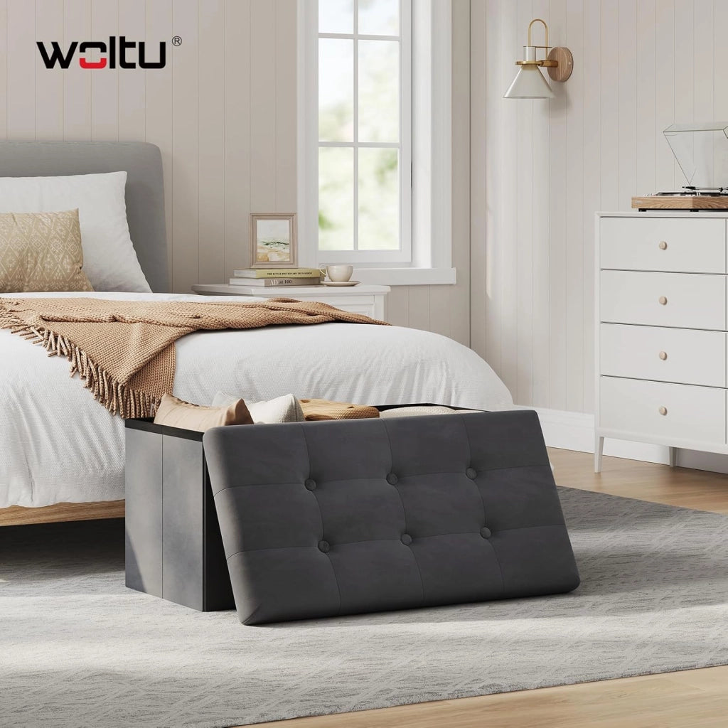 Panche contenitore per ingresso Cassapanca Pieghevole Ottomane in velluto, Max Portata Statica di 300 kg, 80 L, 76x37,5x38 cm Grigio