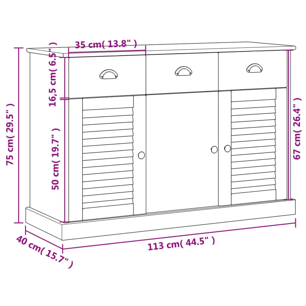 Buffet credenza cassettiera armadio mobile contenitore organizer per cucina soggiorno salotto con cassetti 113 x 40 x 75 cm legno massello di pino bianco 02_0030132