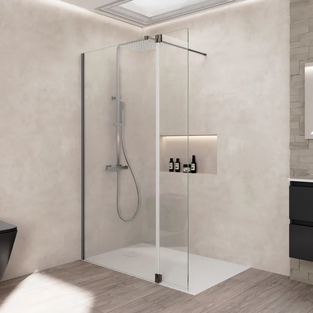 Doccia walk-in 120cm + anta girevole 30cm vetro 8mm trasparente anticalcare profili gun metal h200 | Keros