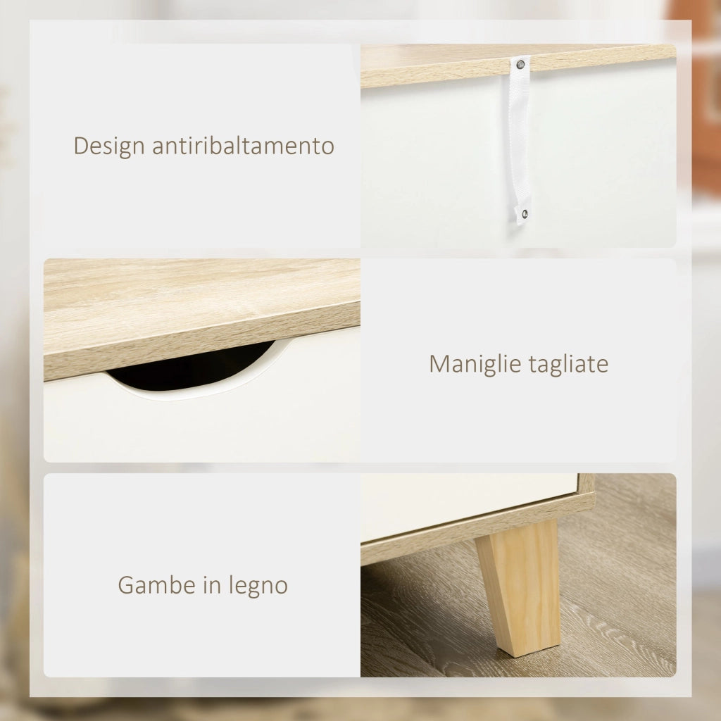 Cassettiera 6 Cassetti 120x40x76 cm con Maniglie Intagliate in Legno Bianco e Rovere