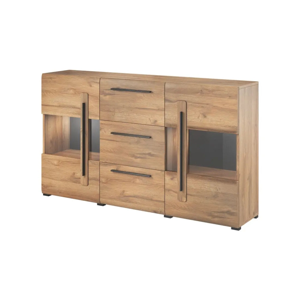 Buffet 180cm collezione BREDA con due porte parzialmente vetrate e tre cassetti. Colore Rovere