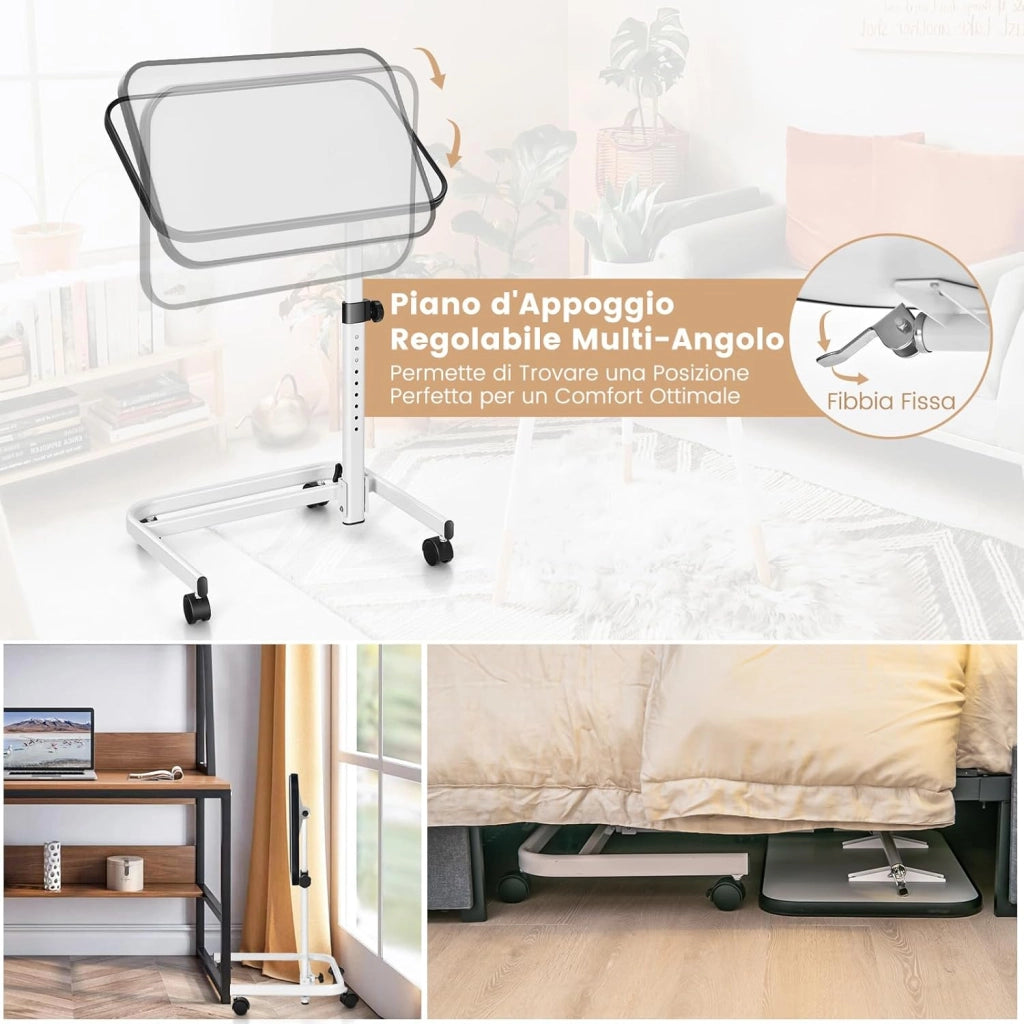 Tavolino da Letto e Divano con Ruote Bloccabili, Tavolino Porta PC con Altezza Regolabile in 9 Posizioni e Piano Inclinabile, Tavolino Servitore Letto per Mangiare e Lavorare (Bianco)