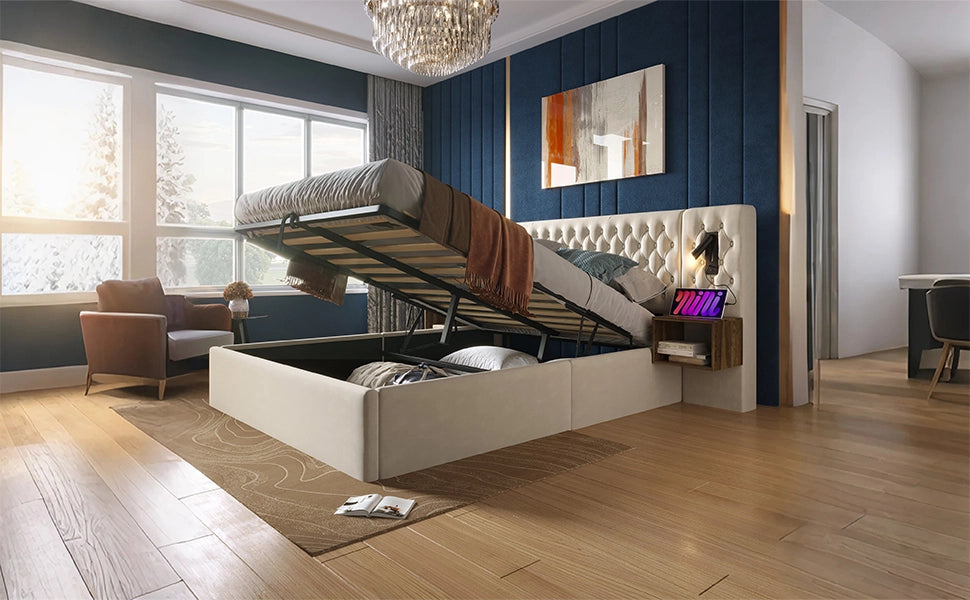 Letto contenitore matrimoniale 180 × 200 cm con 2 comodini, usb, usb-c e lampade da lettura, senza materasso