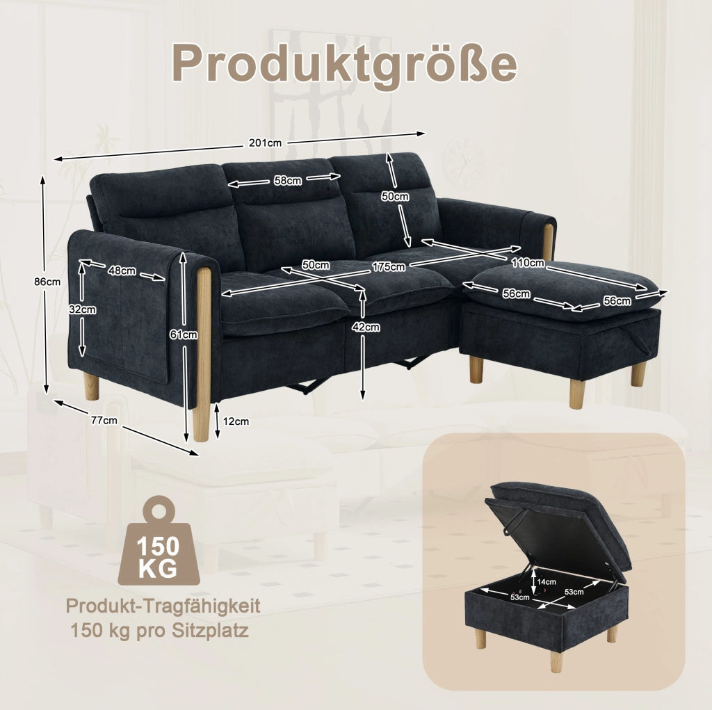 Divano 3 posti 201x77x86 cm nero con pouf contenitore, ciniglia,