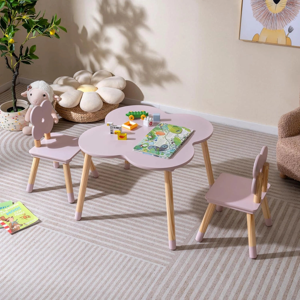 Set Tavolo per Bambini a Forma di Fiore, Tavolino e Sedia in Legno con 2 Sedie e Gambe in Legno di Pino Solido, Tavolino Bambini 3+ Anni per Disegno, Arte e Studio (Rosa)