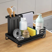 Organizzatore per la vasca da lavello, Caddy per la vasca da lavello, Supporto per lo spazzolino, Supporto per il detersivo, Supporto per il vetro con vasca per l'acqua, in acciaio di carbonio, nero