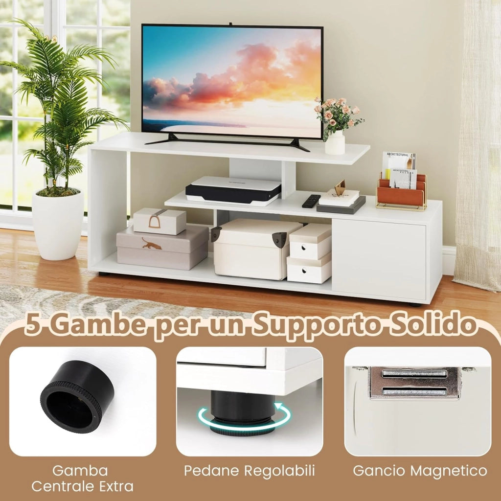 Mobile Porta TV, per TV Fino a 55'', Console Media a 3 Ripiani Asimmetrici con Ripiani di Stoccaggio e Armadietto, Mobile TV con Cassetto, 5 Gambe di Supporto (Bianco)