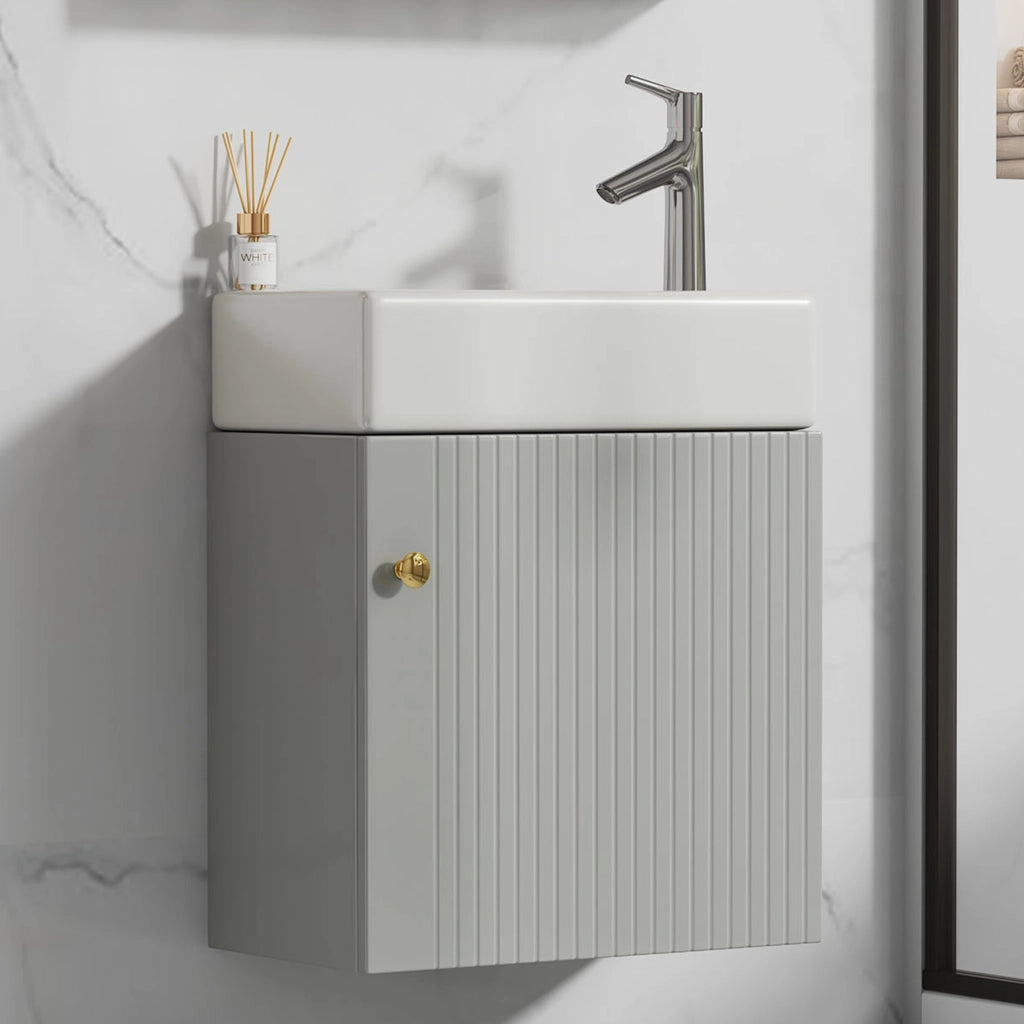 Mobile sottolavabo da bagno con 1 anta e lavabo in ceramica, per bagno piccolo, in MDF, grigio e bianco, 62 × 54 × 26 cm