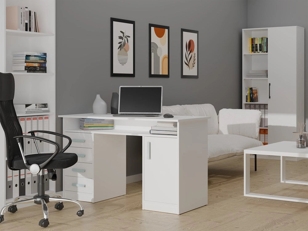 Scrivania ADA bianco 125 cm 4 cassetti mobile con ripiani per ufficio camera e laptop